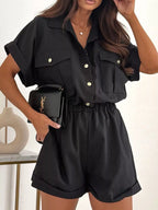 Button Front Short Sleeve Shirt Shorts Set (2)