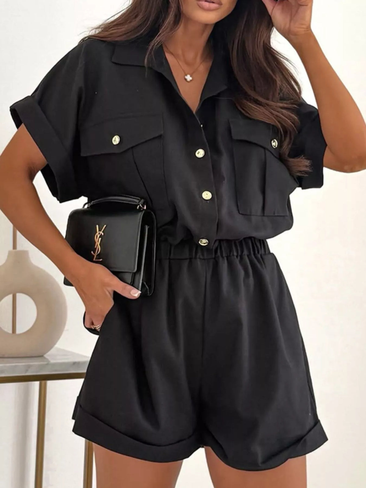 Button Front Short Sleeve Shirt Shorts Set (2)