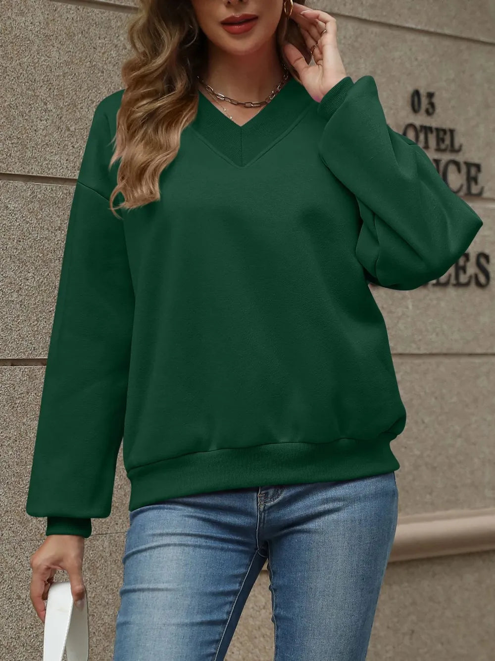 V-neck Long Sleeve Dropped Shoulder Sweatshirt (33)