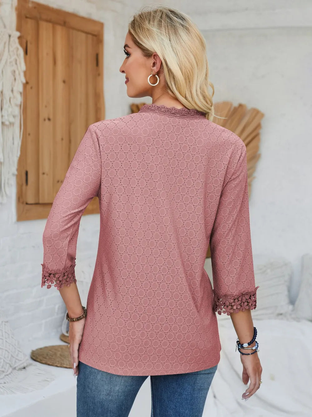 Lace Detail V-neck Three-quarter Sleeve Blouse (4)