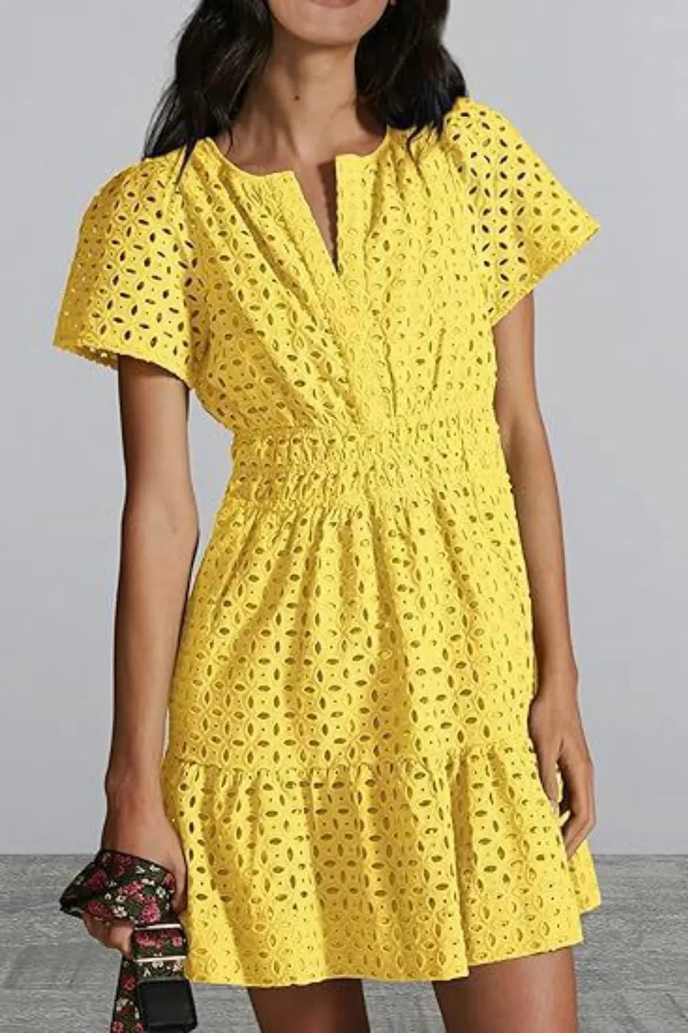 Eyelet Notched Short Sleeve Mini Dress (10)