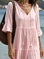 Full Size Tiered Tie Neck Flounce Sleeve Dress Plus (8)