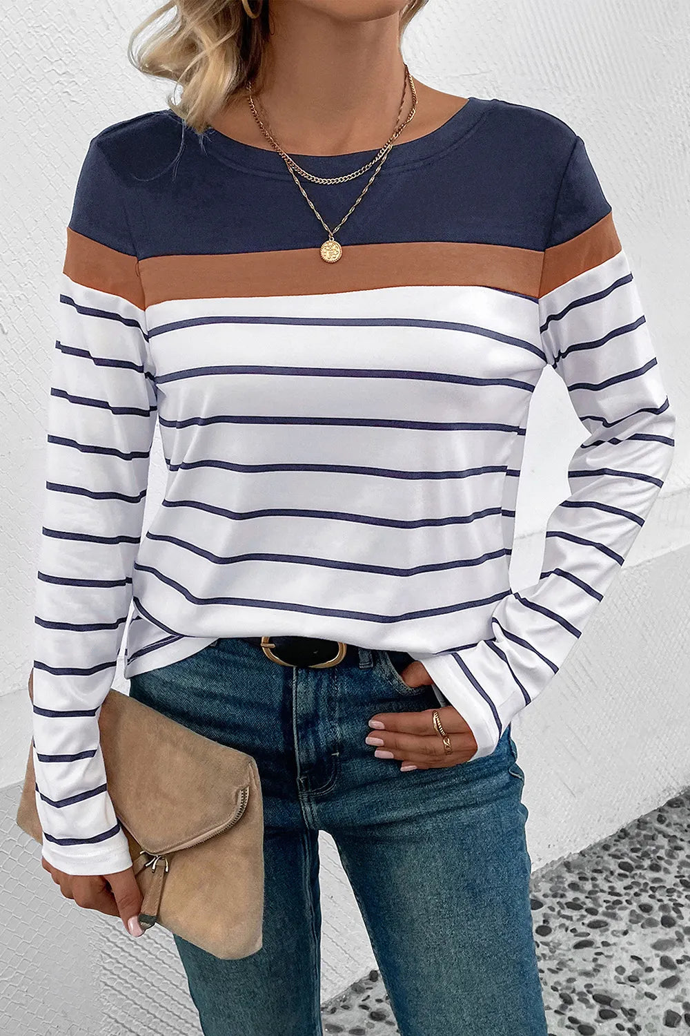 Striped Round Neck Long Sleeve T-shirt (12)