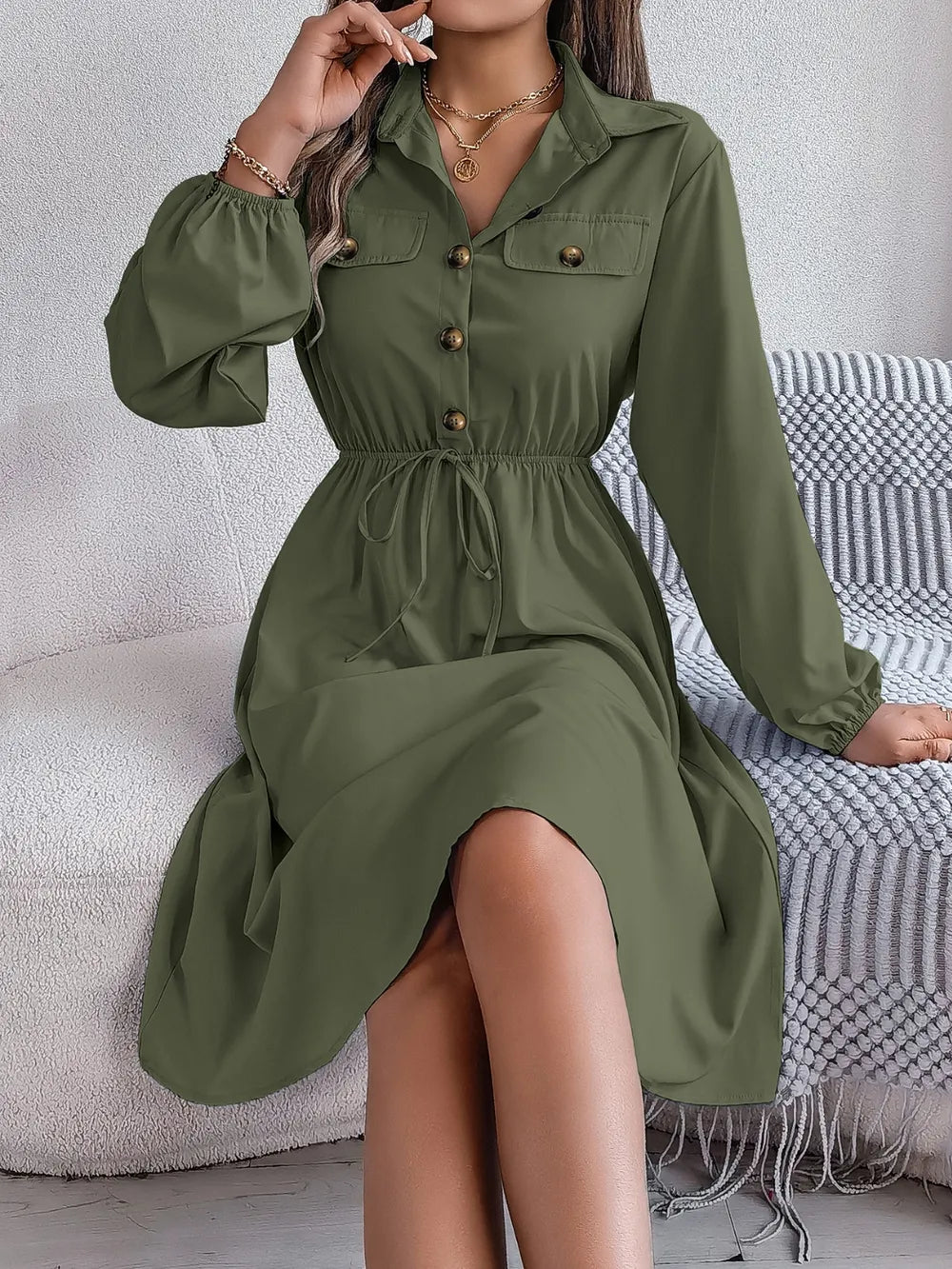 Collared Neck Long Sleeve Dress Pockets (27)