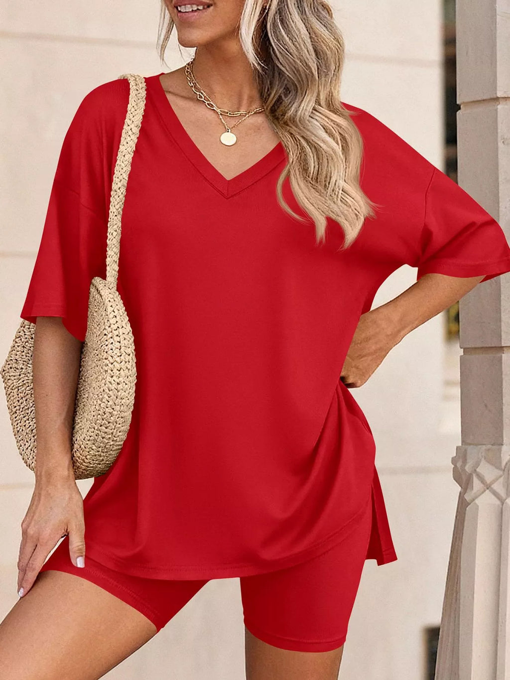 Full Size Casual Loose V-neck T-shirt Shorts Set Plus (25)