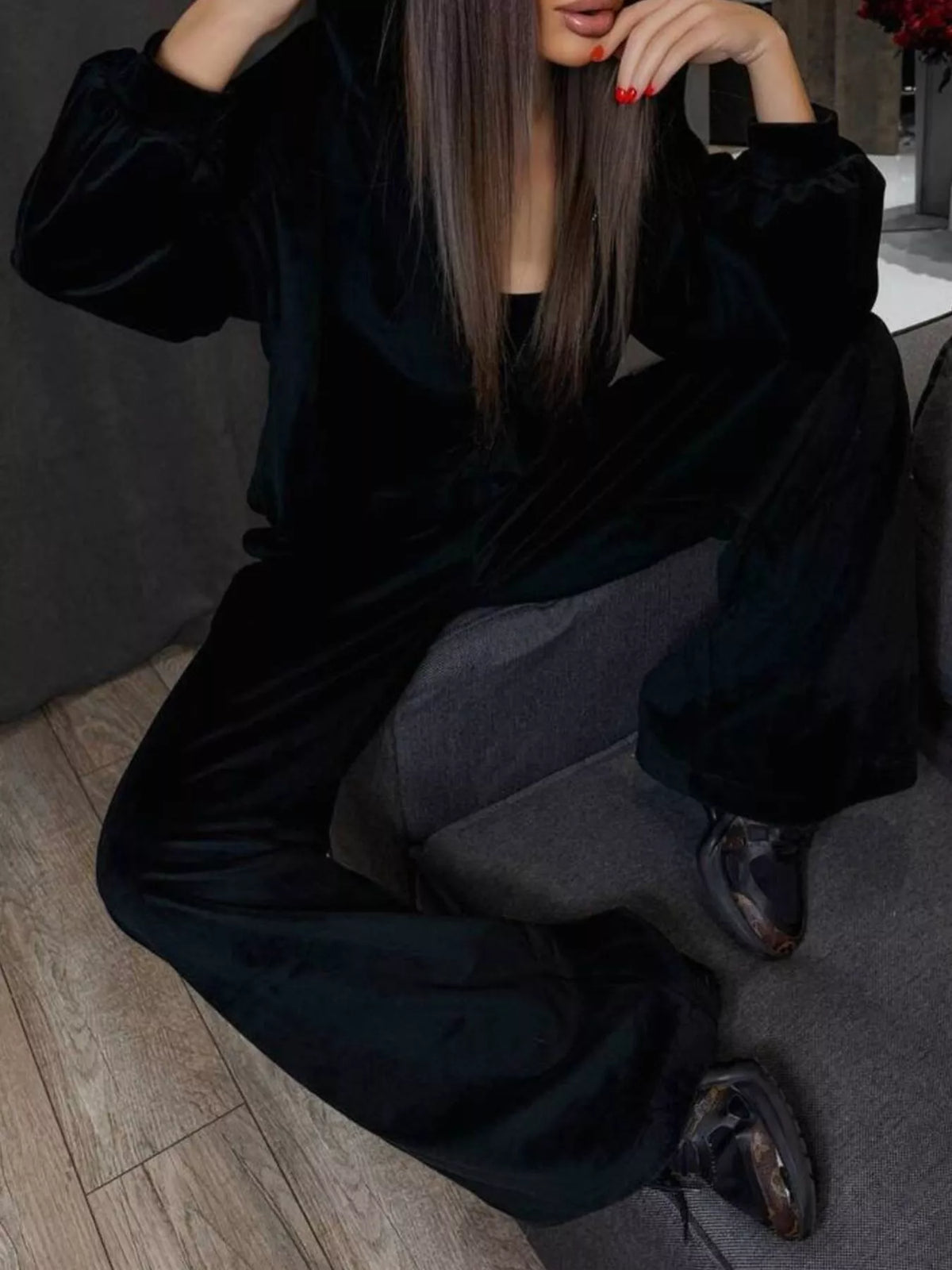 Zip Up Hoodie Wide-leg Pants Set (14)