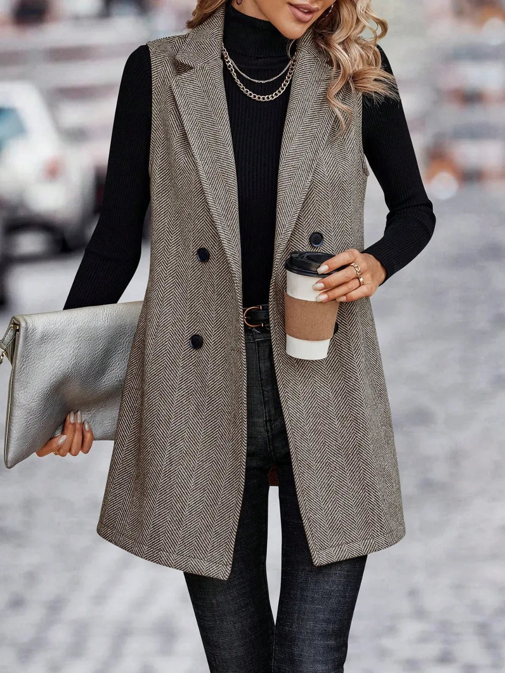 Buttoned Collared Neck Longline Vest Coat (9)