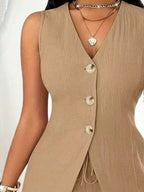 Sleeveless Button-down Vest Shorts Set (23)