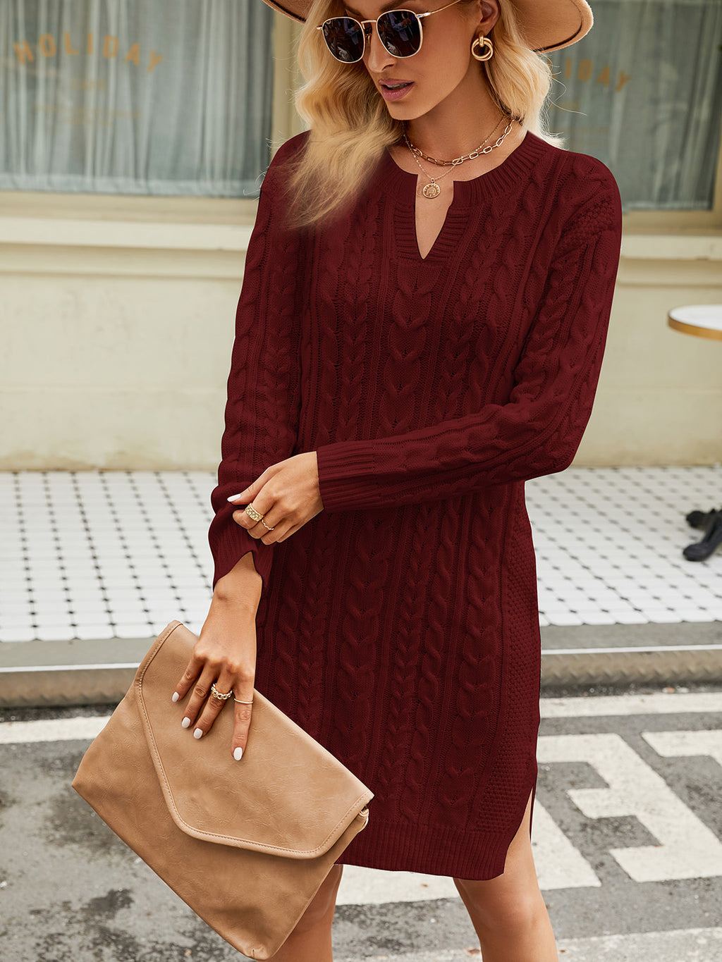 Notched Neck Cable-knit Slit Sweater Dress (9)