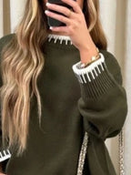Contrast Trim Round Neck Top Pants Sweater Set (12)