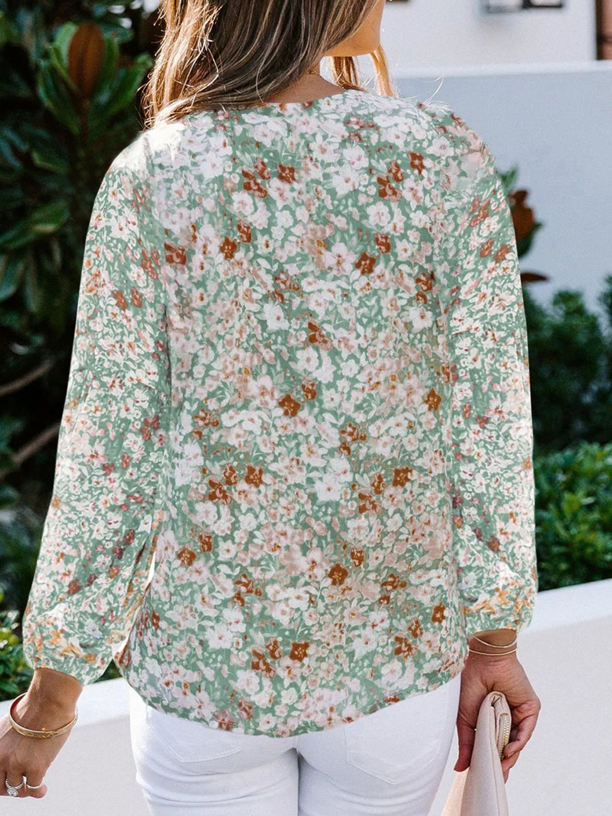 Full Size Floral Print V-neck Long Sleeve Blouse Plus (3)