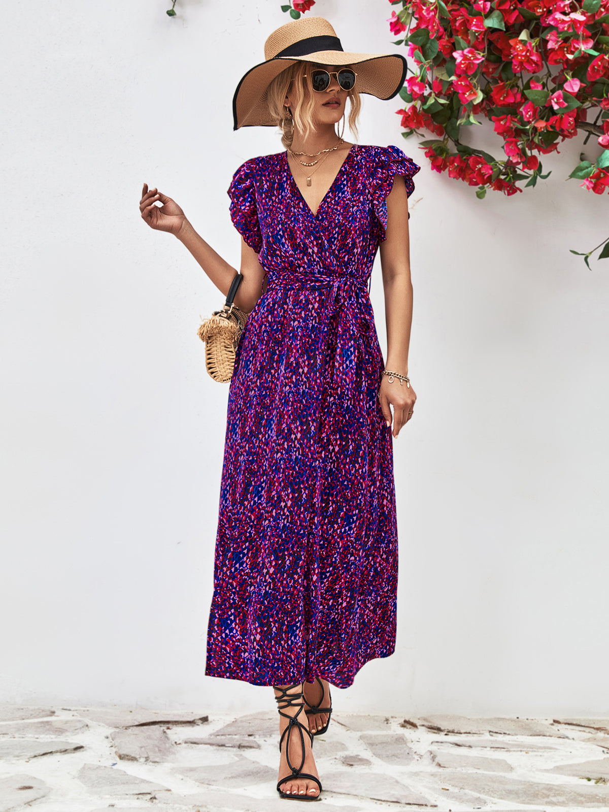 Printed Surplice Neck Flutter Sleeve Slit Dress (6)