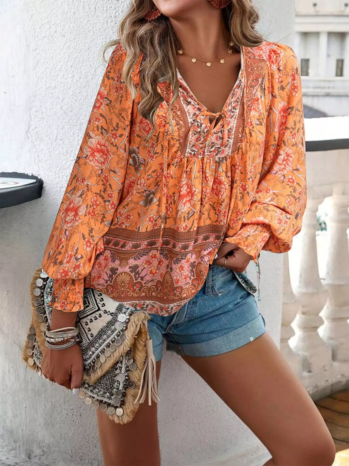 Floral Print Tie Neck Bohemian Blouse (9)