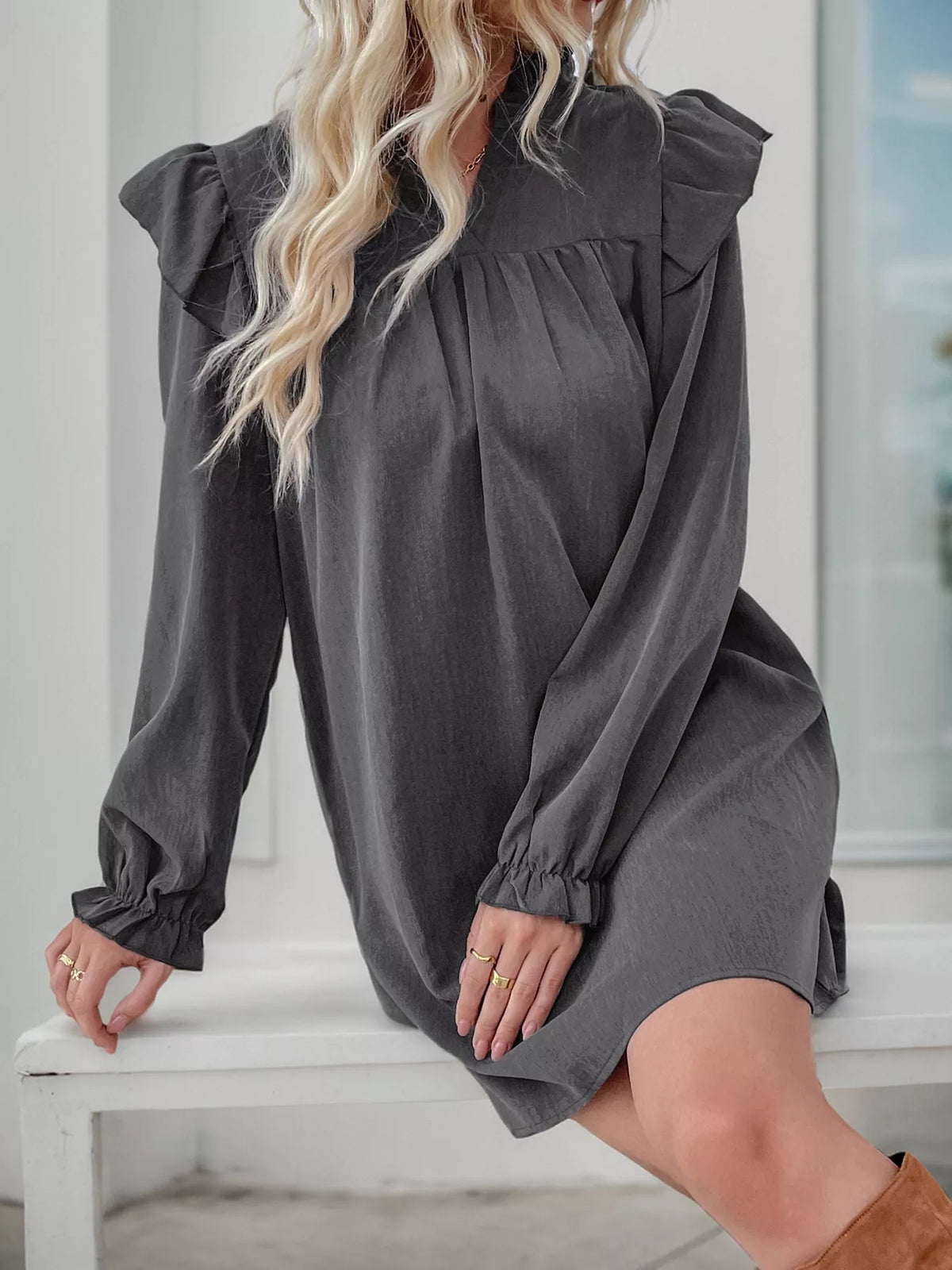 Ruffled Notched Long Sleeve Dress (9)