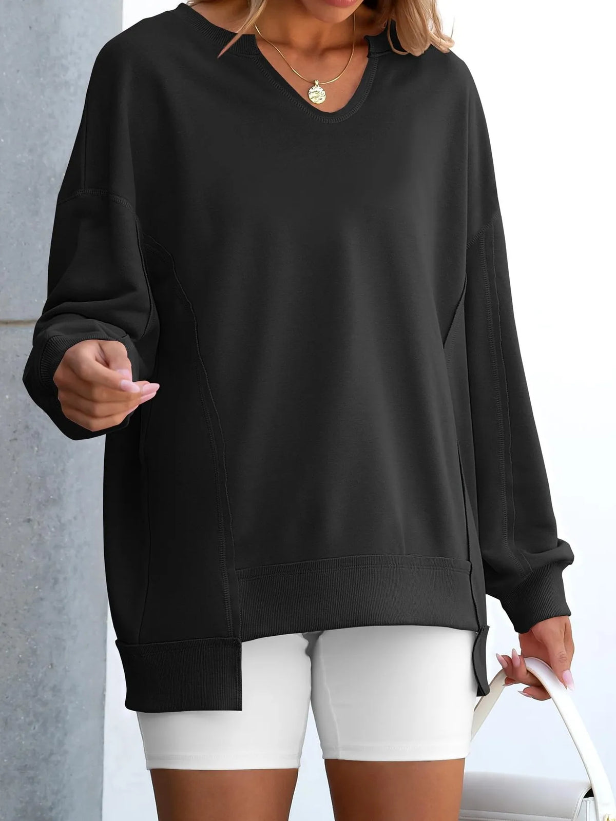 Notched Long Sleeve Oversized Sweatshirt (16)