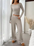Ribbed Knit Boat Neck Top Pants Set (5)
