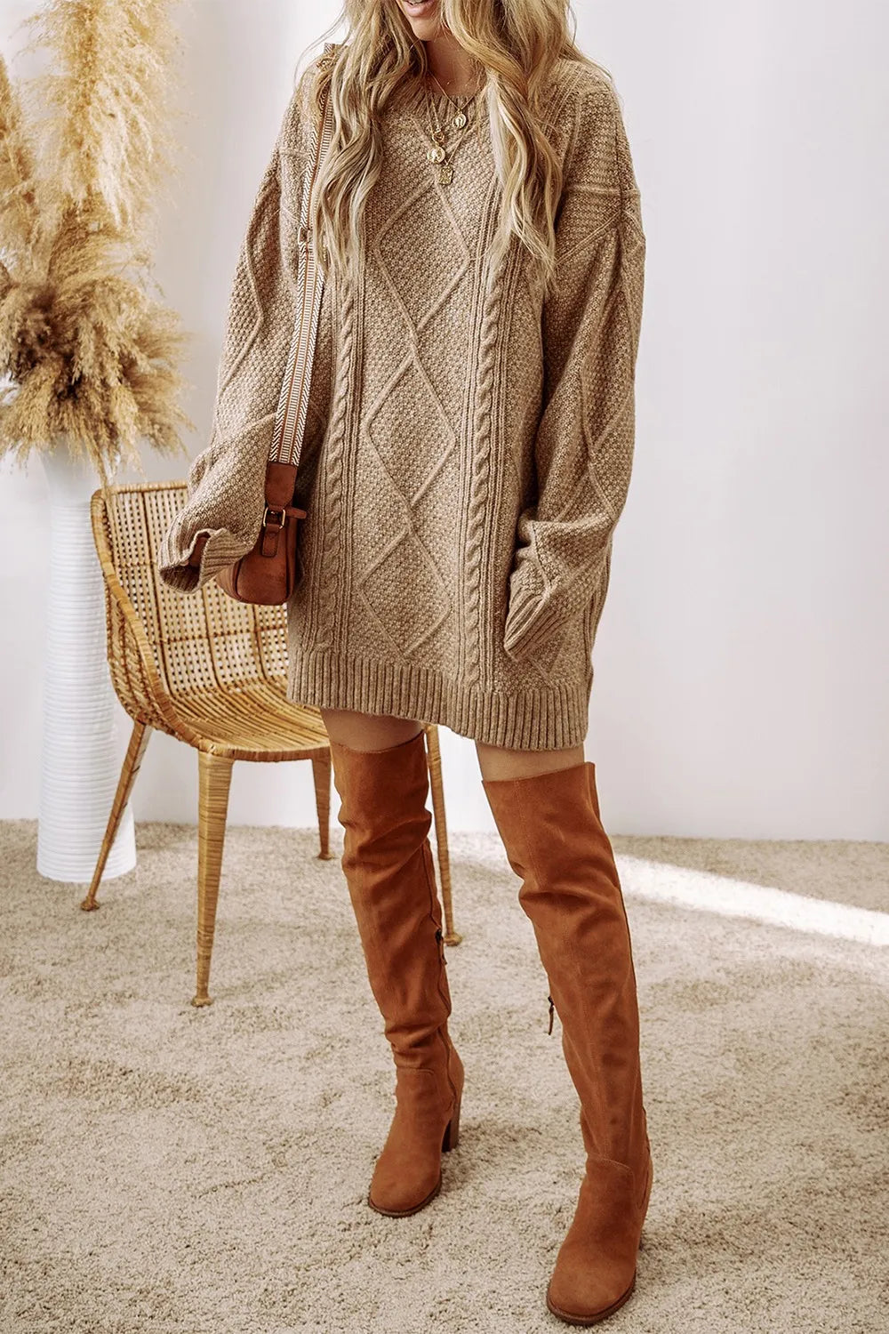Cable-knit Round Neck Sweater Dress (15)