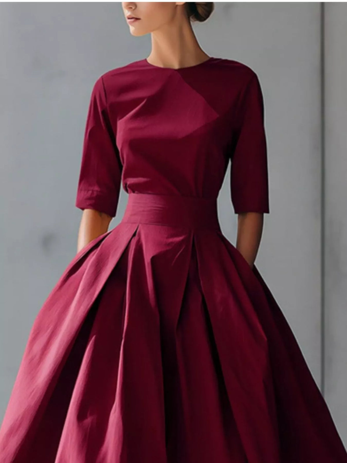 Round Neck A-line Midi Dress (11)
