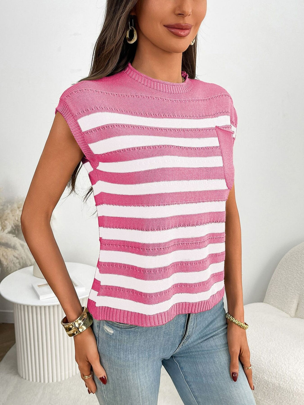 Striped Knit Pocket Detail Cap Sleeve Sweater (19)