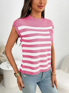 Striped Knit Pocket Detail Cap Sleeve Sweater (19)