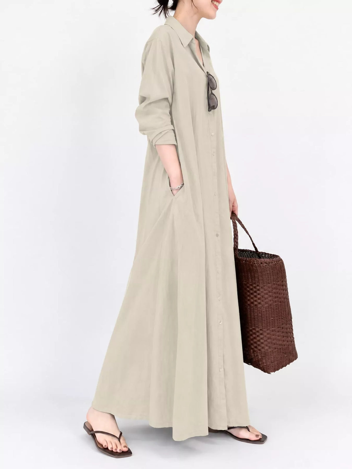 Full Size Button Front Long Sleeve Maxi Shirt Dress Plus (30)