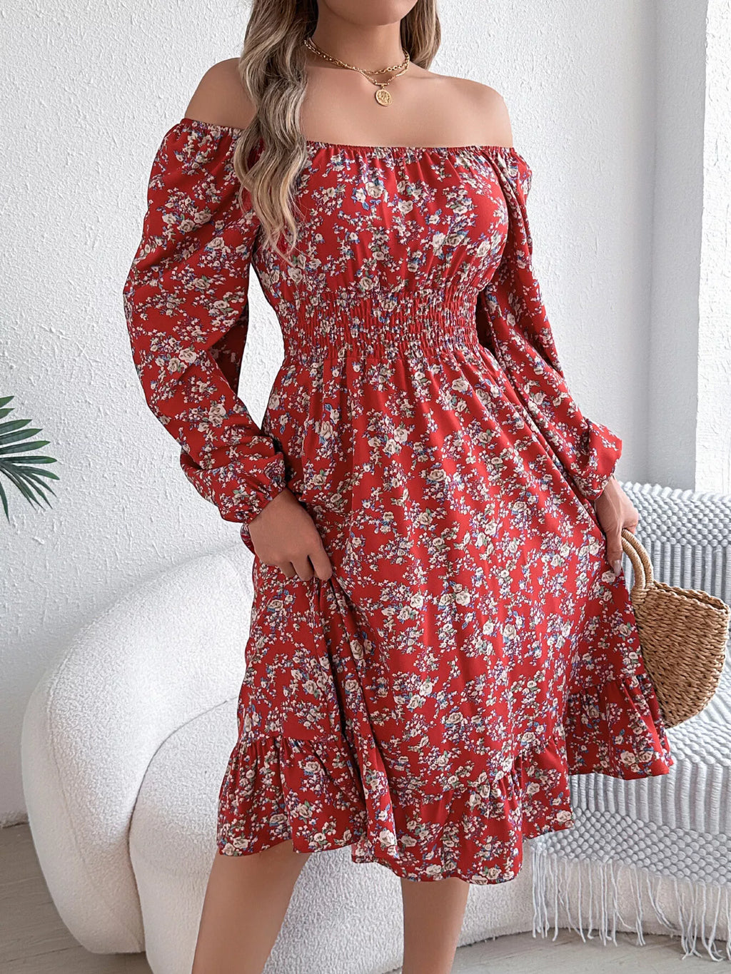 Floral Print Long Sleeve Square Neck Midi Dress (16)