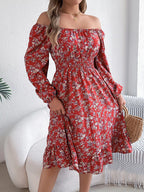 Floral Print Long Sleeve Square Neck Midi Dress (16)