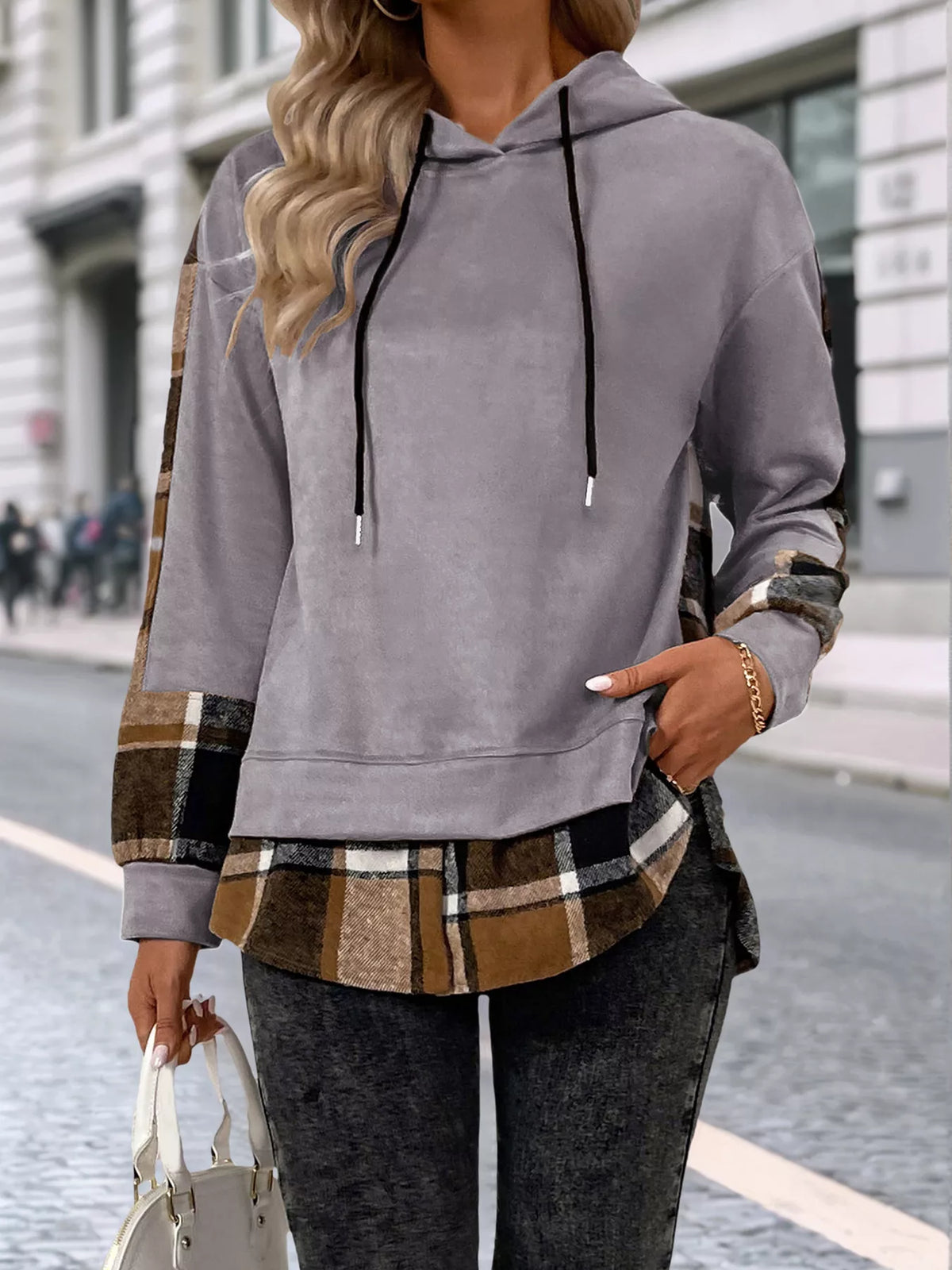 Plaid Drawstring Long Sleeve Hoodie (13)