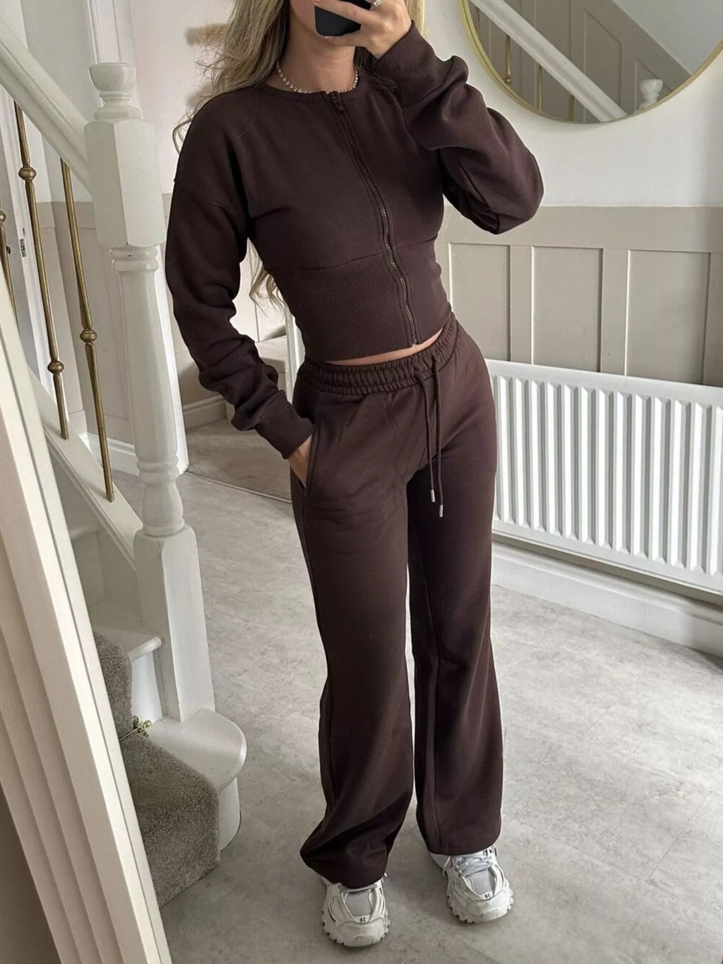 Zip-up Crop Hoodie High-waisted Pants Set (9)