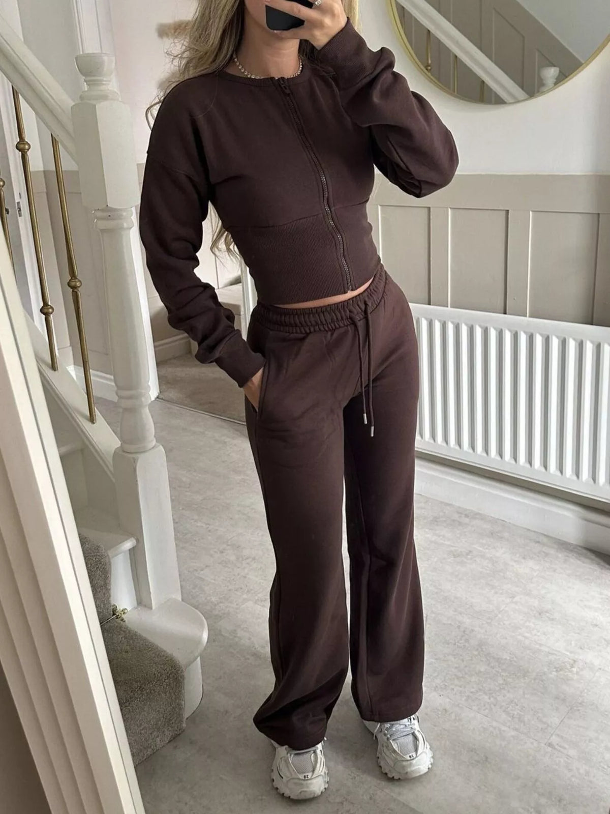 Zip-up Crop Hoodie High-waisted Pants Set (9)