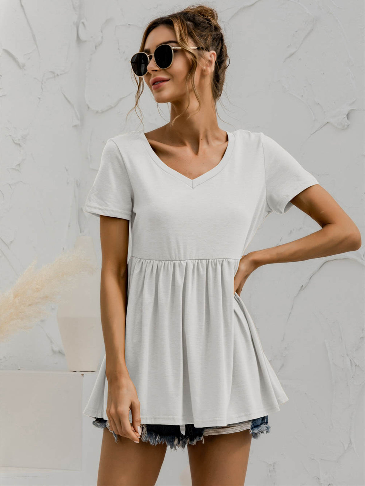 V-neck Short Sleeve Babydoll Top (7)
