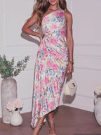 Single Shoulder Floral Pleated Dress (2)