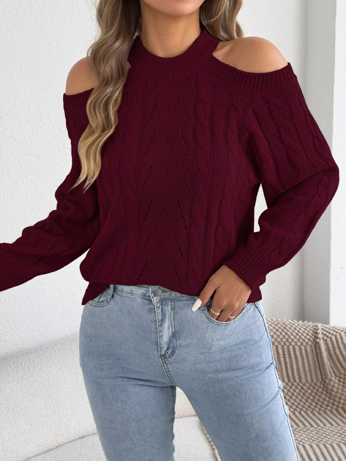 Cold Shoulder Cable Knit Sweater (20)