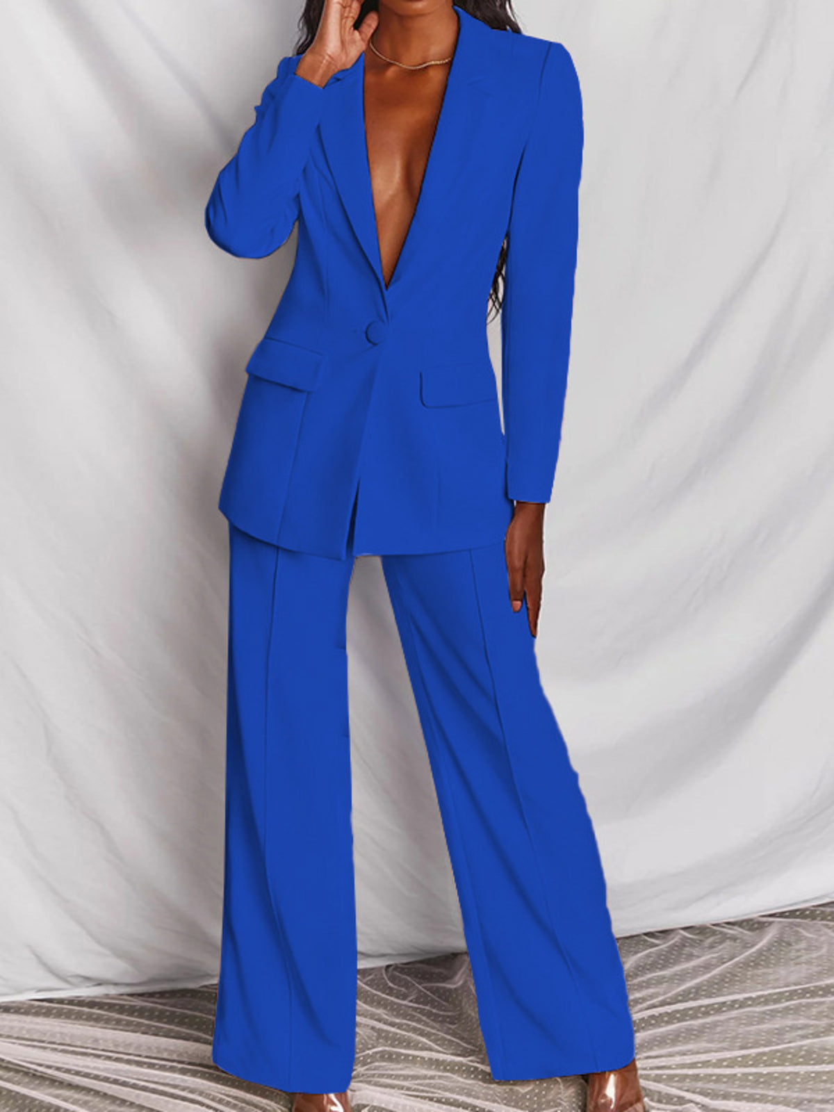 Full Size One Button Blazer Wide-leg Pants Set Plus (12)