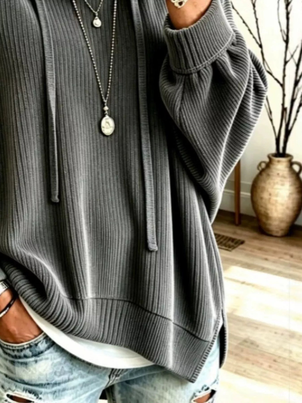Drawstring Ribbed Knit Hoodie (12)