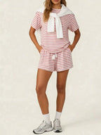 Striped Short Sleeve Tee Drawstring Shorts Set (15)