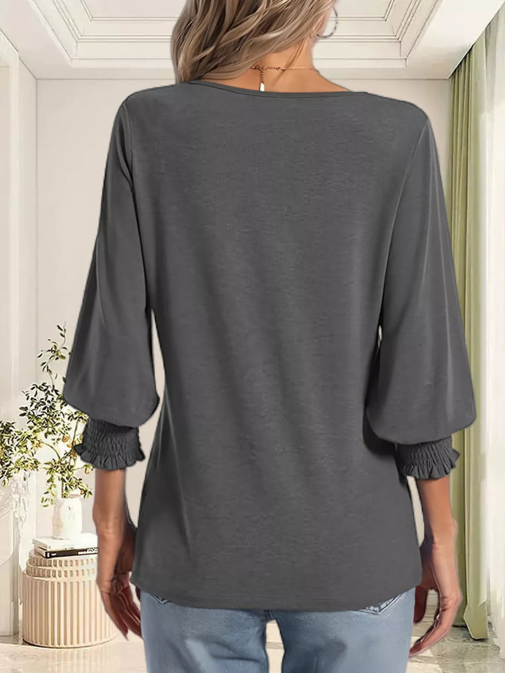Full Size Notched 3/4 Sleeve Top Plus (13)