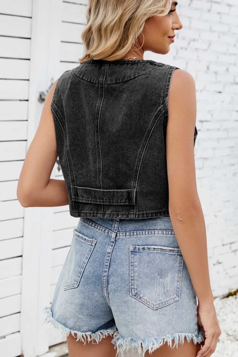 Button Down V-neck Denim Vest (4)