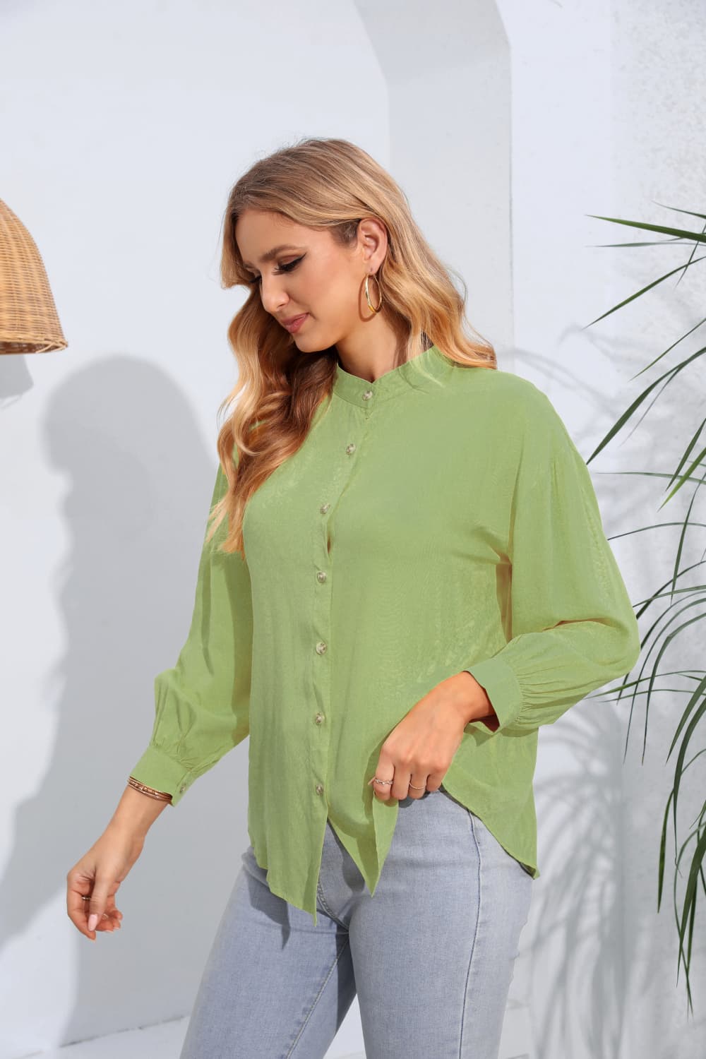 Mock Neck Buttoned Long Sleeve Shirt (9)