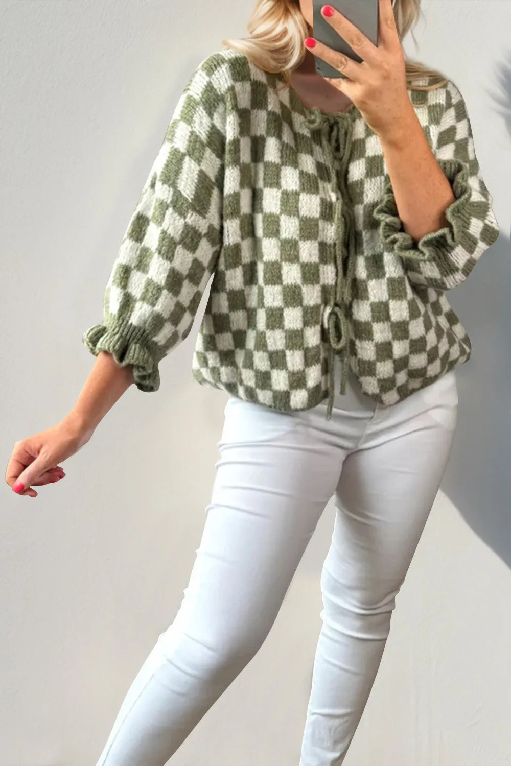 Tied Checkered Dropped Shoulder Flounce Sleeve Cardigan (7)