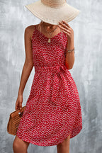 Printed V-neck Tie Waist Mini Dress