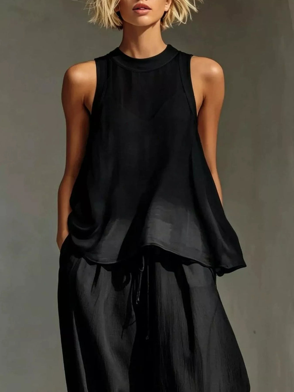 Full Size Sheer Sleeveless Top Wide-leg Pants Set Plus (5)