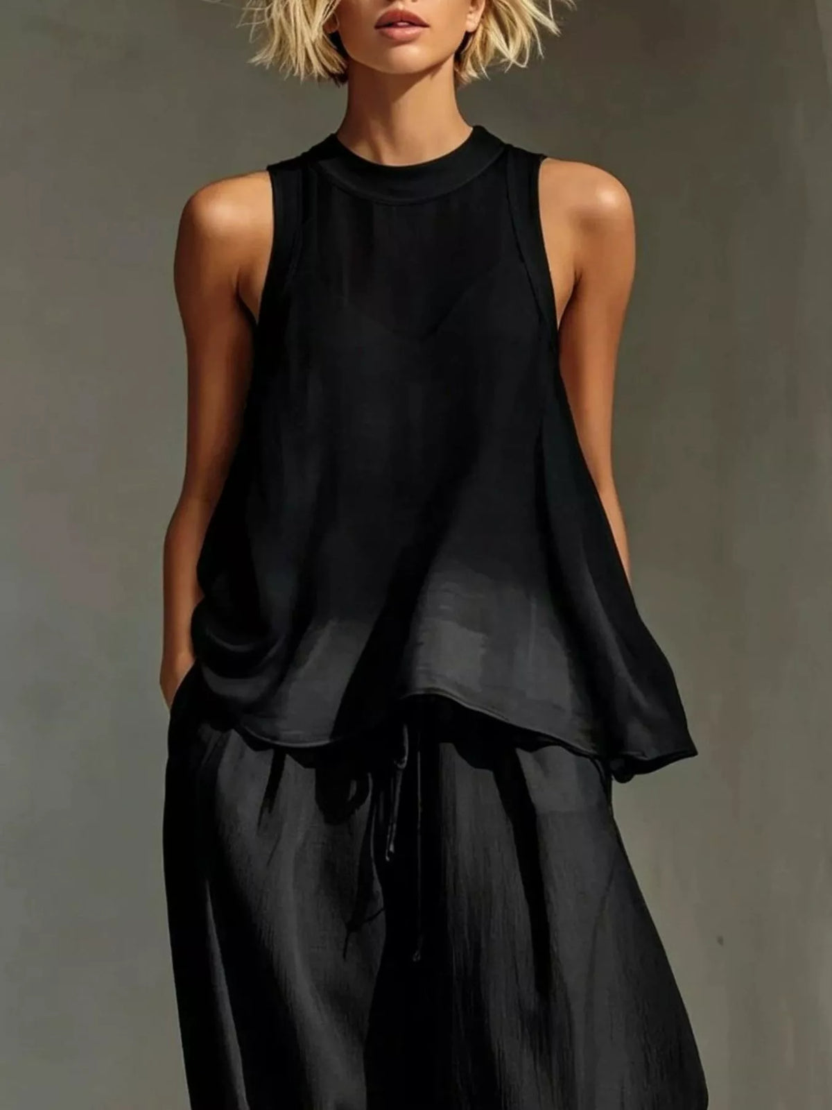 Full Size Sheer Sleeveless Top Wide-leg Pants Set Plus (5)