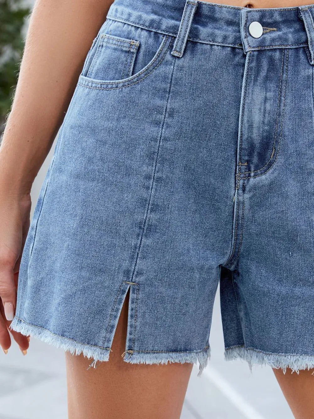 Raw Hem Slit Denim Shorts (11)