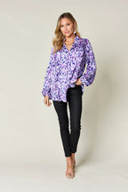 Full Size Printed Ruffle Trim Balloon Sleeve Shirt Plus (23)