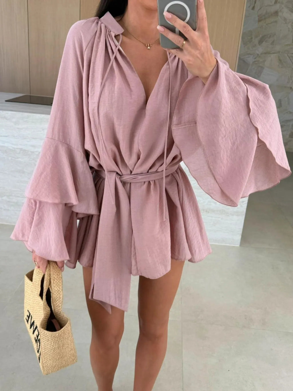 Bell Sleeve Tie Waist Mini Shirt Dress (18)