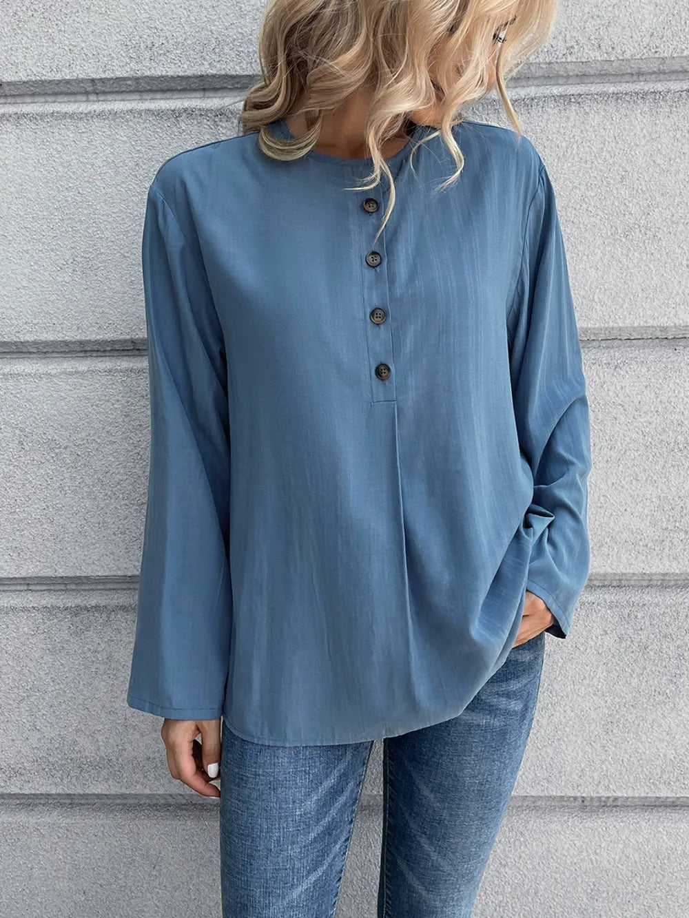 Half Button Long Sleeve Blouse (2)