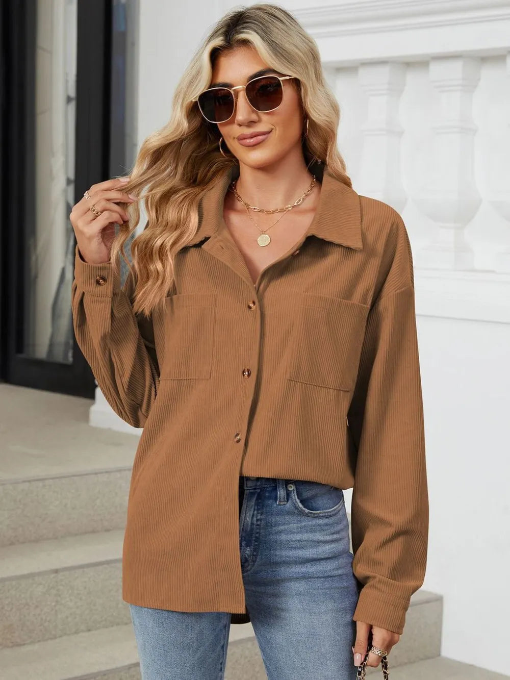 Button Up Dropped Shoulder Long Sleeve Outerwear (3)