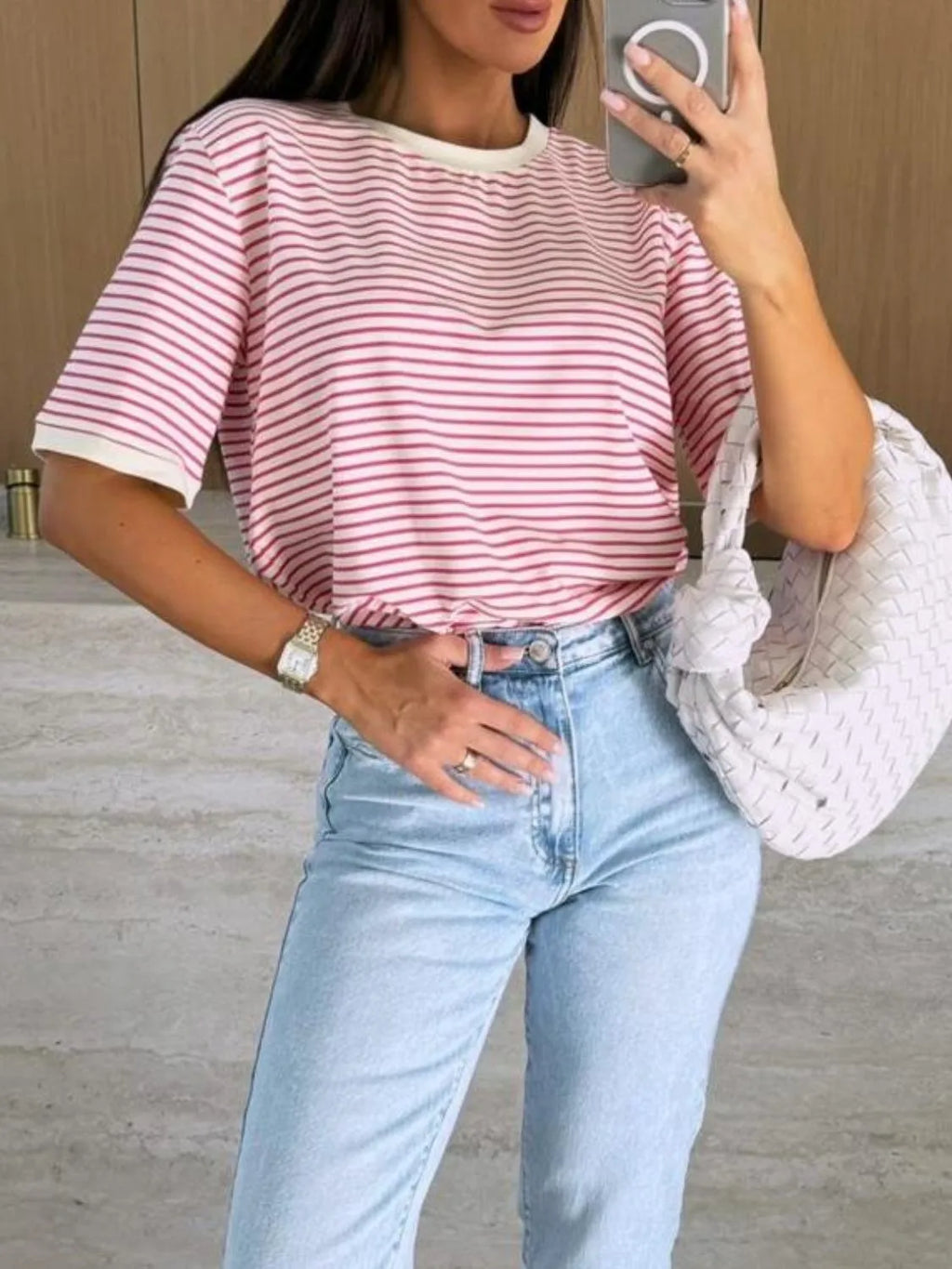 Striped Round Neck Short Sleeve T-shirt (5)