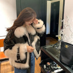 Sense Fox Fur Stitching Leather Coat photo 9